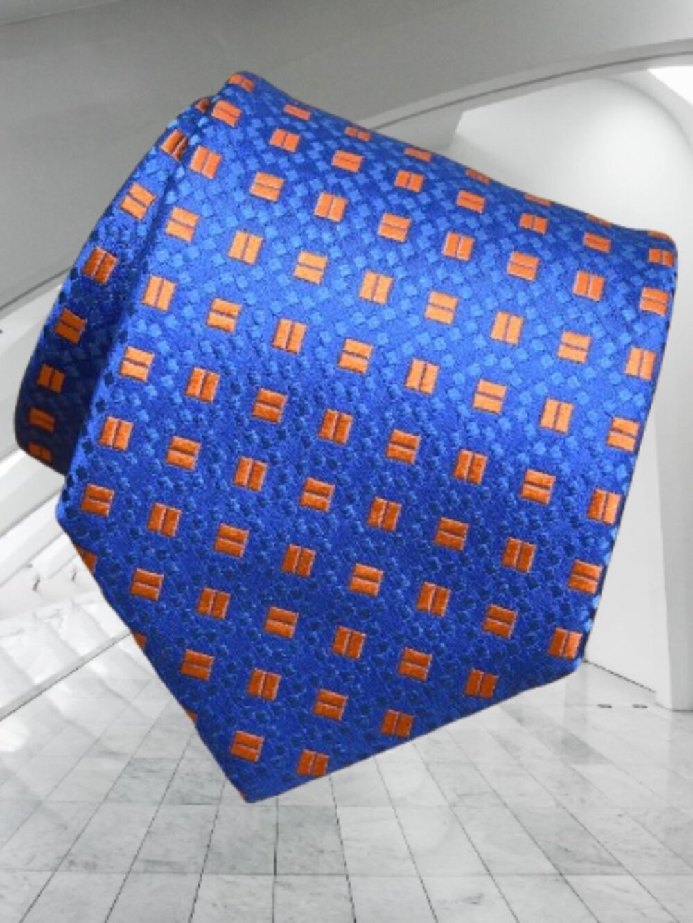 $390 Charvet Necktie Men Tie Navy Orange Silk France Geometric Micro Squares